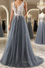 A Line V Neck Open Back Appliques Gray Long Prom Dress, V Neck Grey Prom Dress, Gray Prom Dresses