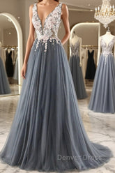 A Line V Neck Open Back Appliques Gray Long Prom Dresses, V Neck Grey Formal Dresses, Gray Evening Dresses