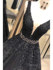 A-Line V-Neck Open Back Black Lace Long Prom Dresses Evening Dresses With Beading,