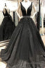 A-Line V-Neck Open Back Black Lace Long Prom Dresses Evening Dresses With Beading,