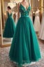 A Line V Neck Open Back Green Floral Long Prom Dress, Open Back Green Prom Dresses
