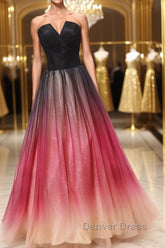 A Line V Neck Open Back Ombre Long Prom Dresses, Backless Ombre Formal Graduation Evening Dresses