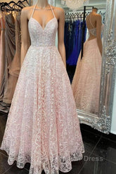 A Line V Neck Open Back Pink Lace Long Prom Dresses, Pink Lace Formal Graduation Evening Dresses