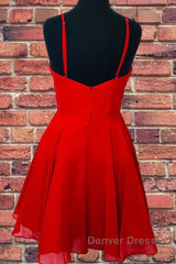 A Line V Neck Open Back Red Short Prom Dresses, Backless Red Homecoming Dresses