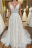 A Line V Neck Open Back White Lace Long Prom Dress, V Neck White Lace Prom Dress, White Lace Prom Dresses