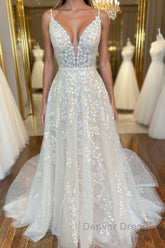 A Line V Neck Open Back White Lace Long Prom Dresses, V Neck White Lace Formal Dresses, White Lace Evening Dresses