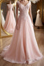 A Line V Neck Pink Lace Long Prom Dress, Pink Lace Prom Graduation Prom Dresses