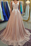A Line V Neck Pink Lace Long Prom Dress, V Neck Pink Prom Dress, Pink Lace Prom Dresses