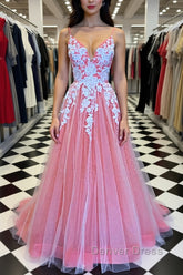 A Line V Neck Pink Long Prom Dresses with Lace Appliques, V Neck Pink Formal Dresses, Pink Evening Dresses