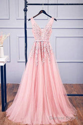 A-Line V Neck Pink Tulle Lace Applique Long Prom Dress Evening Dress