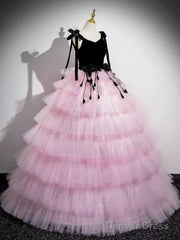 A-Line V Neck Pink Tulle Long Prom Dress, Pink Long Formal Dress