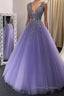 A Line V Neck Purple Beaded Long Prom Dress, Lilac Long Prom Dresses with Beadings