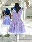 A Line V Neck Purple Homecoming Dress Cheap Lace Short Graduation Dress