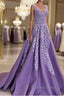 A Line V Neck Purple Long Prom Dress with Lace Appliques, V Neck Purple Prom Dresses