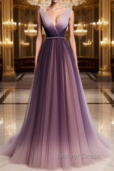 A Line V Neck Purple Ombre Prom Dresses, V Neck Purple Ombre Formal Evening Bridesmaid Dresses