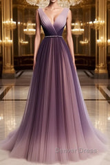 A Line V Neck Purple Ombre Prom Dresses, V Neck Purple Ombre Formal Evening Bridesmaid Dresses