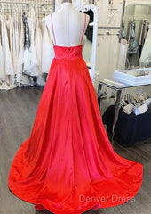 A Line V Neck Red Long Prom Dresses, Red V Neck Long Formal Evening Bridesmaid Dresses
