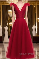 A Line V Neck Red Tea Length Prom Dresses with Corset Back, Red Tea Length Formal Graduation Dresses