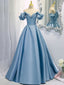 A Line V Neck Satin Blue Long Prom Dress, Blue Prom Dresses