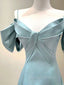 A-Line V Neck Satin Blue Long Prom Dresses, Blue Formal Evening Dresses