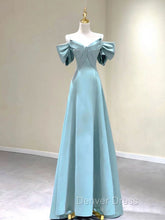 A-Line V Neck Satin Blue Long Prom Dresses, Blue Formal Evening Dresses