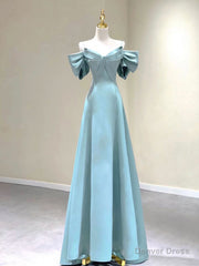 A-Line V Neck Satin Blue Long Prom Dress, Blue Formal Evening Dresses