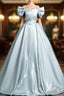 A-Line V Neck Satin Blue Long Prom Dresses, Blue Long Formal Dresses