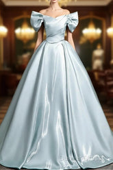 A-Line V Neck Satin Blue Long Prom Dresses, Blue Long Formal Dresses