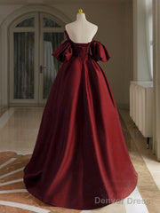 A-Line V Neck Satin Burgundy Long Prom Dress, Burgundy Long Formal Dress