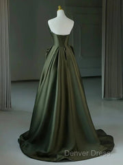A-Line V Neck Satin Green Long Prom Dresses, Green Long Formal Dresses