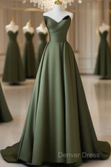 A-Line V Neck Satin Green Long Prom Dresses, Green Long Formal Dresses