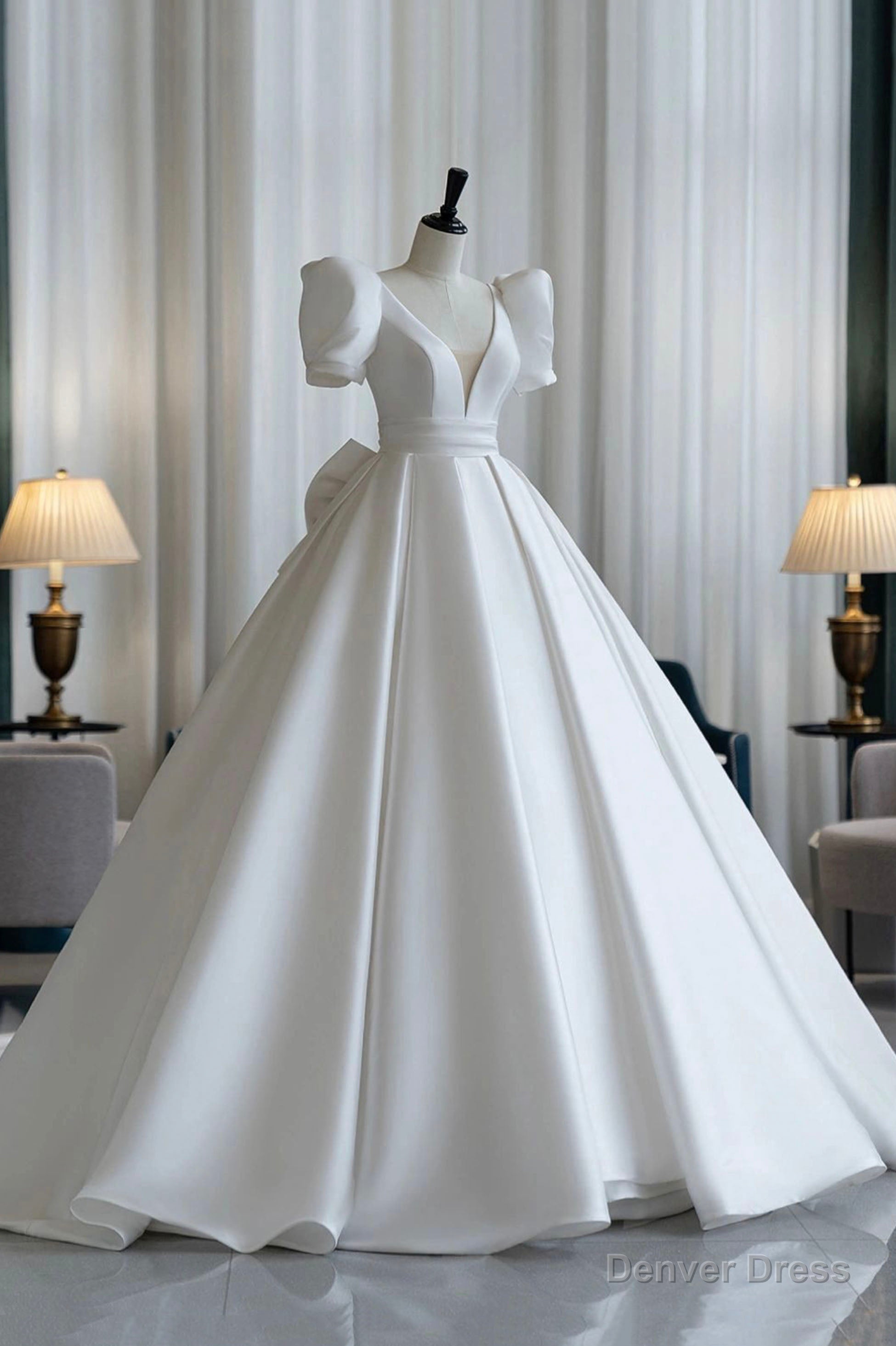 A-Line V-Neck Satin White Short Sleeve Wedding Dress With Bow A-Line V-Neck Satin White Short Sleeve Wedding Dress With Bow