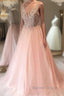 A Line V Neck Sequins Pink Long Prom Dress, Pink Prom Graduation Prom Dresses