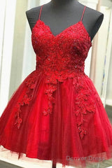 A Line V Neck Short Backless Red Prom Dresses Homecoming Dresses