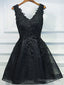 A Line V Neck Short Black Lace Prom Dress, Black Short Prom Dress, Black Lace Graduation Dress, Homecoming Dresses