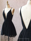 A Line V Neck Short Black Prom Dress, Short Black Backless Homecoming Prom Dresses