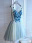 A Line V Neck Short Blue Floral Prom Dresses, Short Floral Blue Graduation Homecoming Dresses