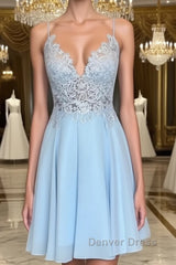 A Line V Neck Short Blue Lace Prom Dresses, Short Blue Lace Formal Homecoming Dresses