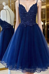 A Line V Neck Short Blue Prom Dresses, Short Blue Lace Graduation Homecoming Dresses