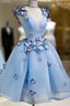 A Line V Neck Short Blue Prom Dress with Butterfly, Short Blue Prom Homecoming Dresses