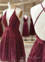 A Line V Neck Short Burgundy Lace Prom Dresses, Short Burgundy Lace Formal Homecoming Dresses