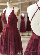 A Line V Neck Short Burgundy Lace Prom Dresses, Short Burgundy Lace Formal Homecoming Dresses