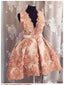 A Line V Neck Short Champagne Floral Lace Prom Dress, Short Champagne Lace Prom Homecoming Dresses