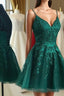 A Line V Neck Short Dark Green Lace Prom Dress, Dark Green Lace Prom Homecoming Dresses
