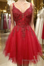 A Line V Neck Short Dark Red Lace Prom Dresses, Short Dark Red Lace Formal Homecoming Dresses