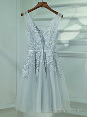 A Line V Neck Short Gray Lace Prom Dresses, Short Gray Lace Formal Homecoming Dresses