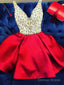 A Line V Neck Short Red Beaded Prom Dress, Short Red V Neck Prom Homecoming Dresses