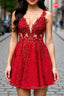 A Line V Neck Short Red Lace Prom Dress, Red Lace Prom Graduation Homecoming Dresses