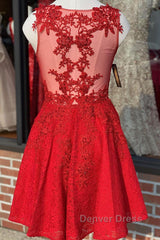 A Line V Neck Short Red Lace Prom Dresses, Red Lace Formal Graduation Homecoming Dresses