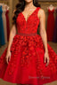 A Line V Neck Short Red Lace Prom Dresses, Short Red Lace Formal Homecoming Dresses